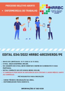 HRRBC abre edital para enfermeiro(a) do trabalho