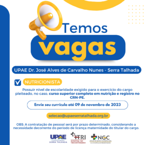 UPAE abre vaga para nutricionista